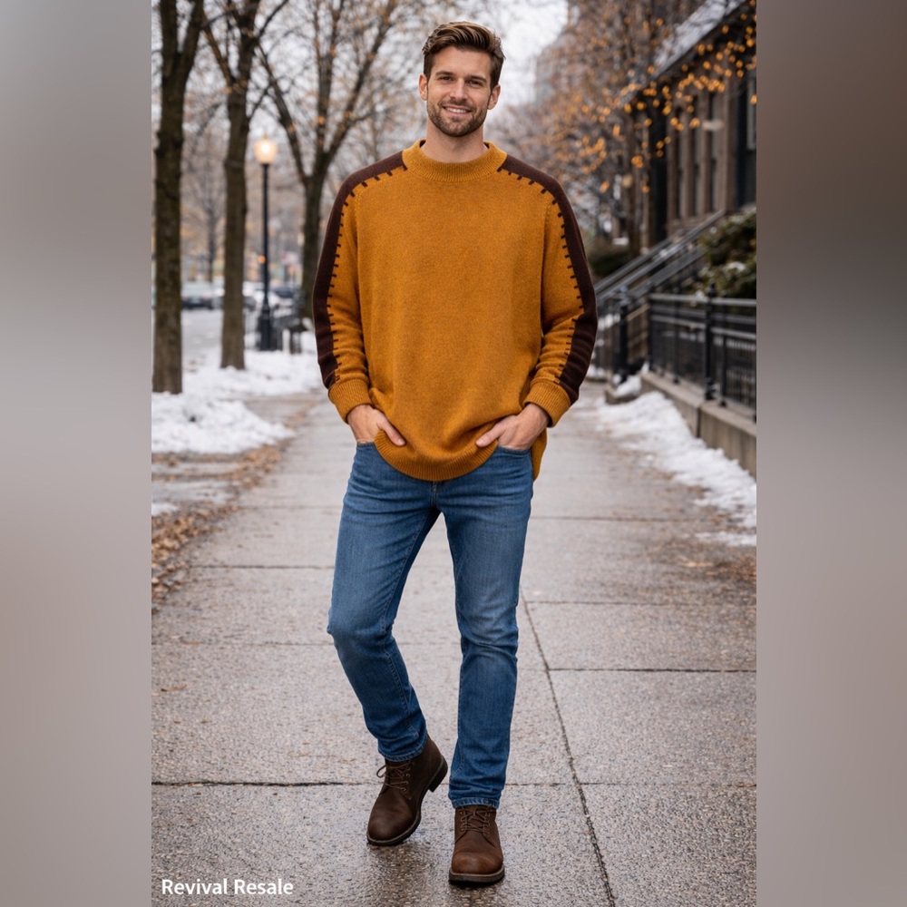 Venezzi Men’s XL Mustard Brown Wool Blend Crewneck Sweater‎ Colorblock